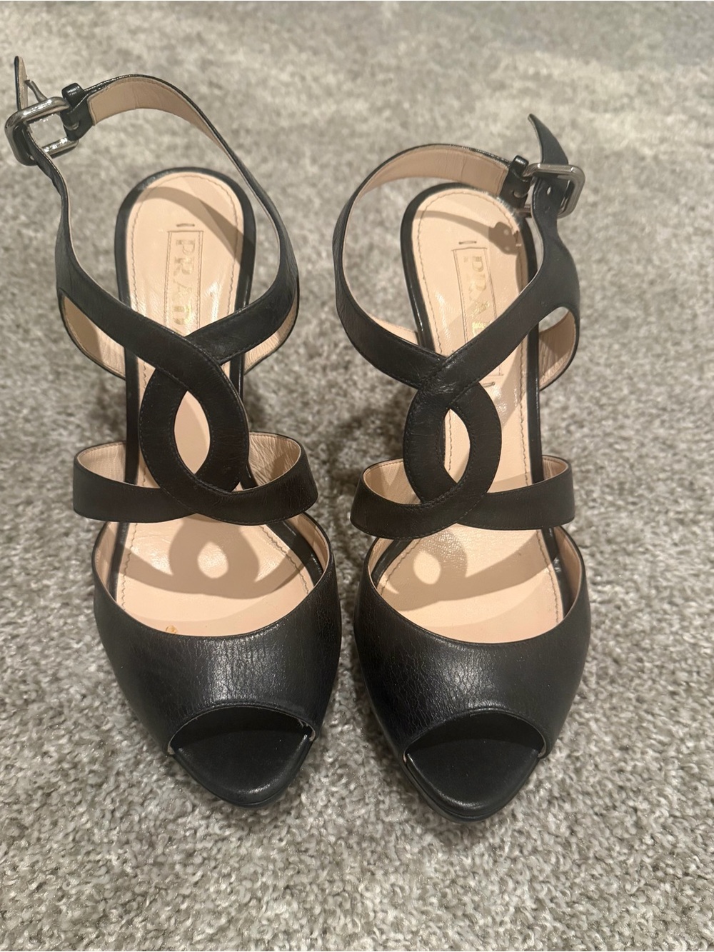 Prada Black Leather Block Heel Sandals with Gold Logo